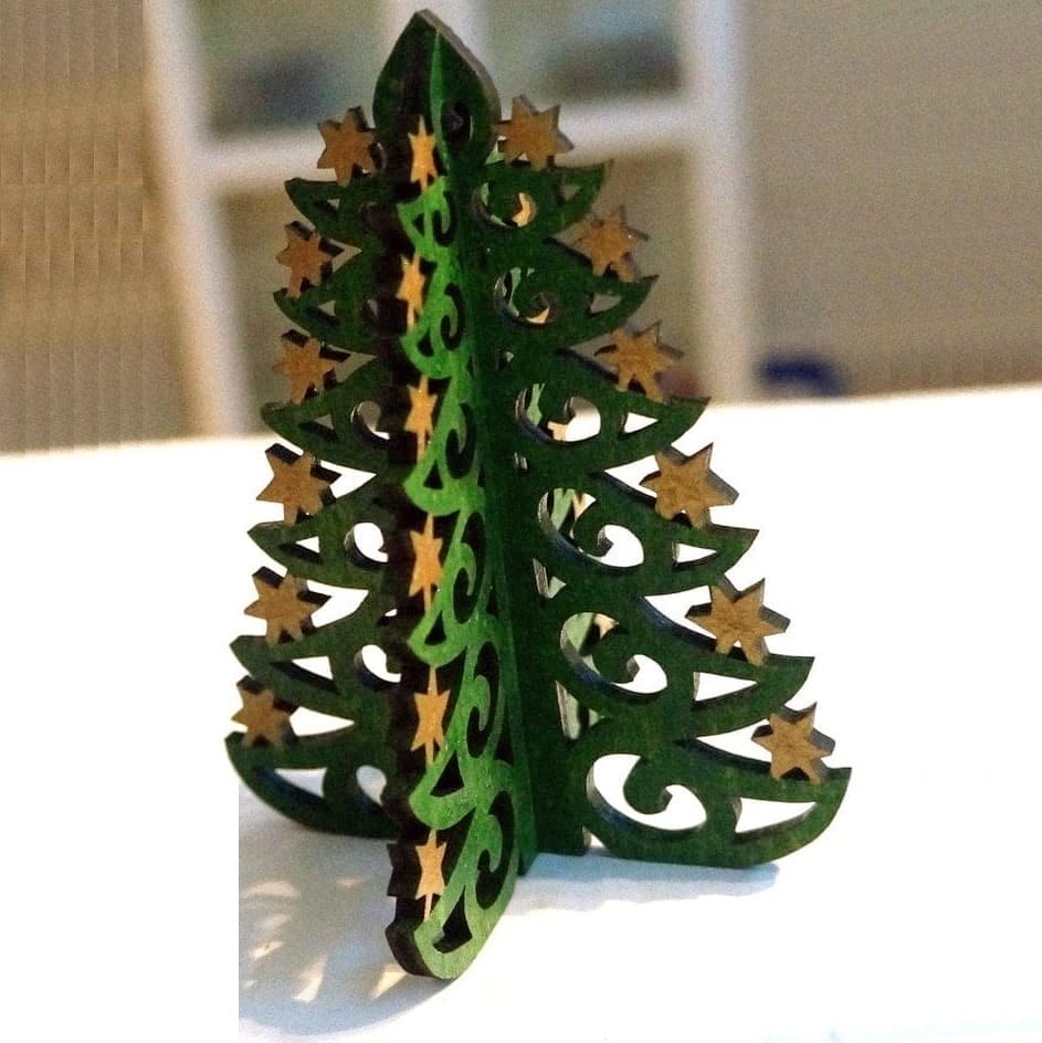 3D Wooden Xmas Tree Decorated with Stars on Edges Laser Cut File