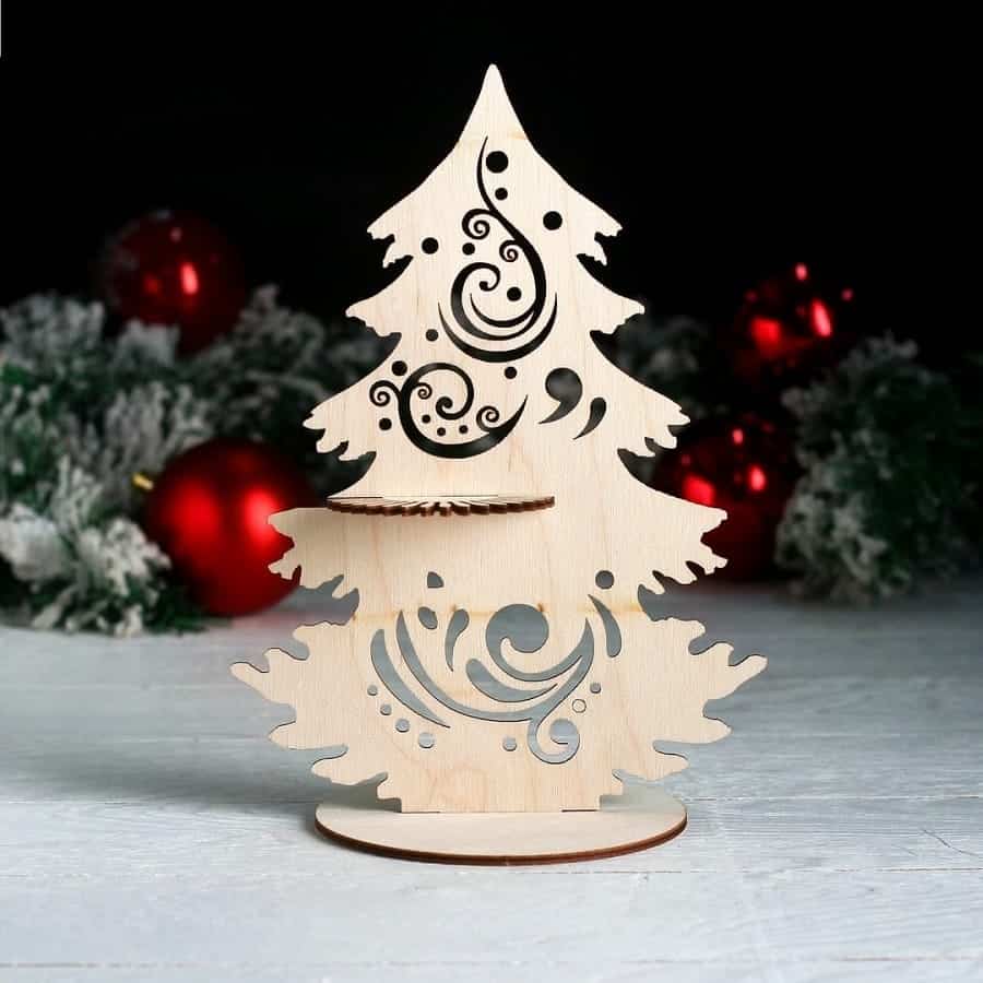 Wooden Christmas Tree Napkin Holder with Floral Swirl Pattern Laser Cut File