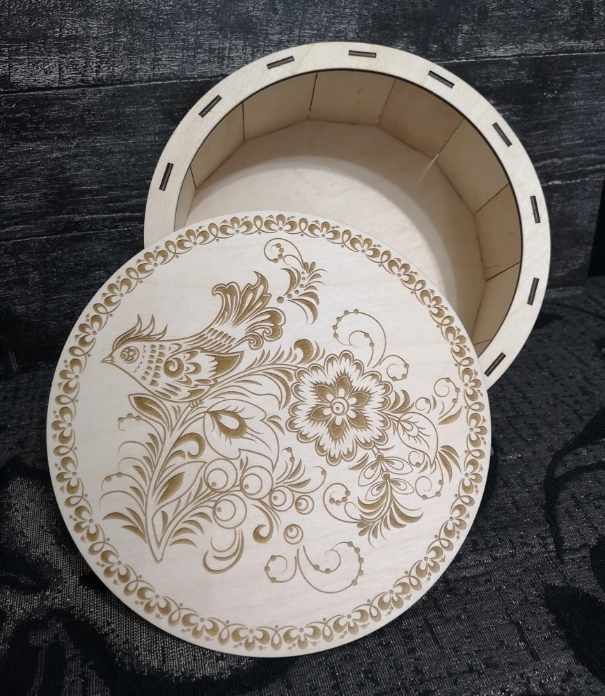 Laser Cut Round Wood Box with Engraved Lid