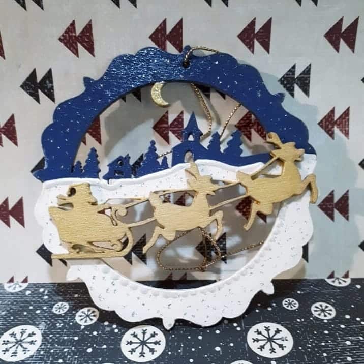 Santa Sleigh Flying into Winter Village Hanging Ball Ornament Laser Cut File