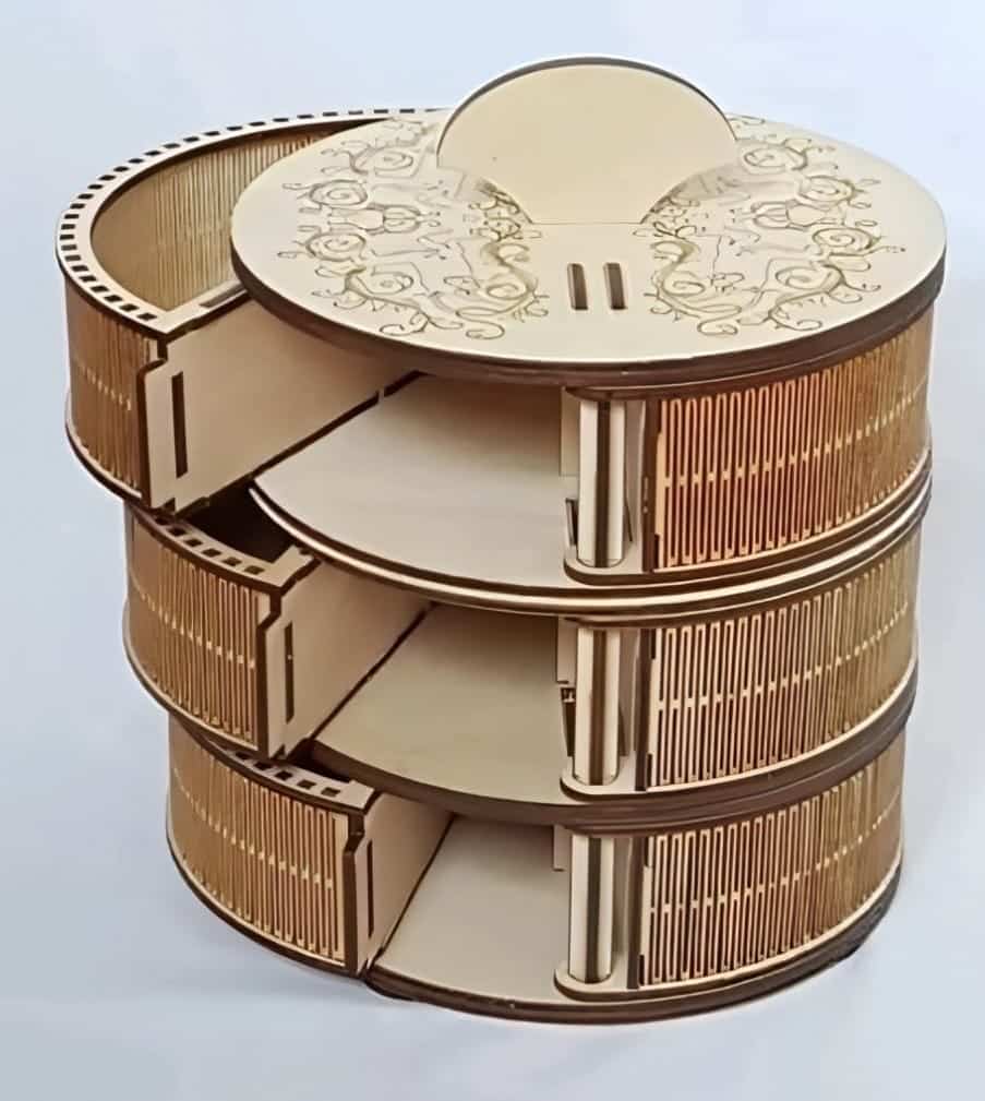 Three Layer Circle Cylinder Jewelry Box with Six Sections 3mm Laser Cut File