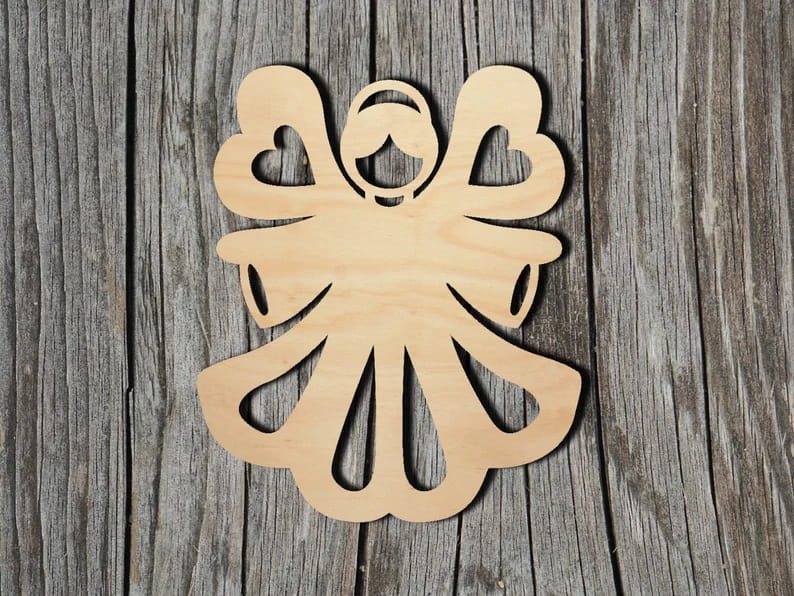 Wood Angel Cutout Shape with Hearts Laser Cut File