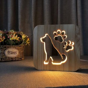 3D LED Creative Wooden Dog Night Light Hollow Lamp Laser Cut DXF File