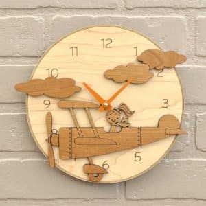 Airplane Girl Round Wooden Wall Clock for Kids Room Laser Cut File