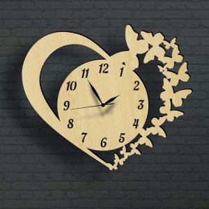 Butterfly Heart Shaped Wooden Wall Clock Laser Cut File