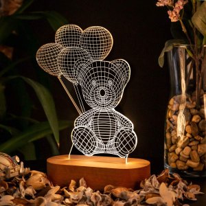 Laser Cut and Engraved Teddy Bear with Balloons 3D Acrylic Lamp