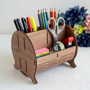 Laser Cut Barrel Desk Organizer Pen Holder for Desk