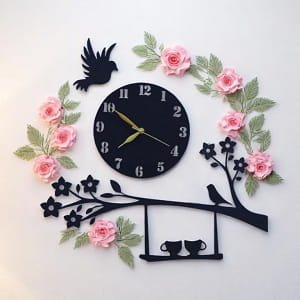 Laser Cut Bird on Tree with Coffee Cups Wall Clock