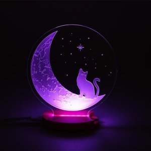 Laser Cut Cat On The Moon 3D Optical Illusion Lamp With Base