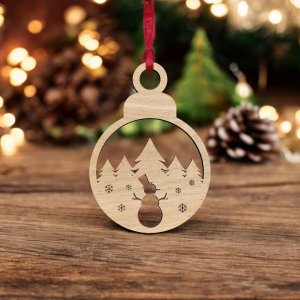 Laser Cut Christmas Ornament with Snowman and Trees Vector