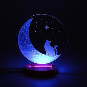 Laser Cut Crescent Moon and Cat Acrylic Night Light Vector