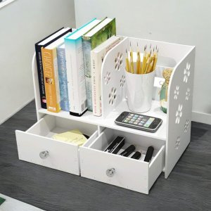 Laser Cut Desk Organizer with Bookshelf and Drawers Vector