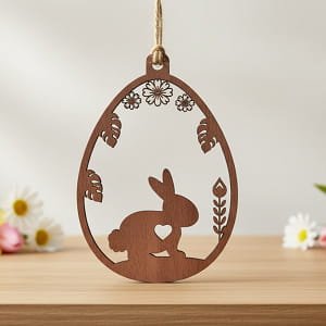 Laser Cut Easter Bunny Egg Ornament with Heart and Floral Design