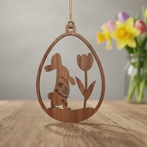Laser Cut Easter Egg Festive Ornament with Bunny and Tulip Design