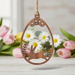 Laser Cut Easter Egg Ornament with Running Bunny and Leaf Design