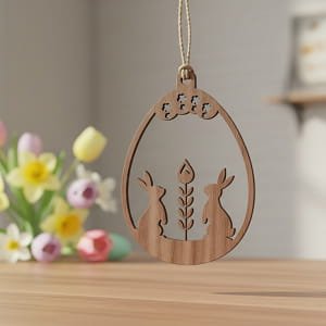 Laser Cut Easter Egg Ornament with Two Bunnies and Floral Design