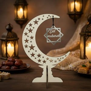 Laser Cut Eid Mubarak Table Stand | Crescent Moon and Star Islamic Decor