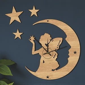 Laser Cut Fairy on Crescent Moon with Stars Wall Clock