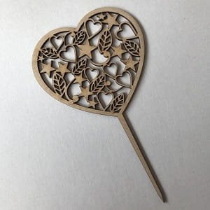 Laser Cut Heart Cake Topper with Leaves and Stars