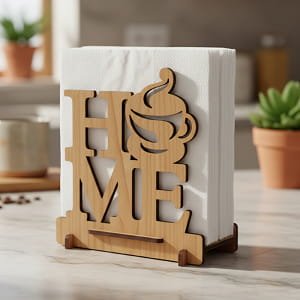Laser Cut HOME Coffee Cup Wooden Napkin Holder