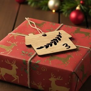 Laser Cut House Shaped Christmas Gift Tag with Leaf Design