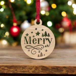 Laser Cut Merry Christmas Bauble Ornament Vector