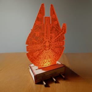 Laser Cut Millennium Falcon 3D illusion LED Lamp with Wooden Base