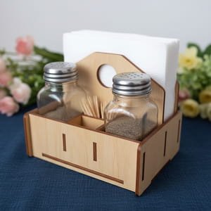 Laser Cut Napkin and Condiment Caddy, Salt Pepper and Toothpick Organizer