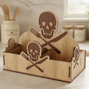 Laser Cut Pirate Themed Wooden Napkin and Cutlery Holder