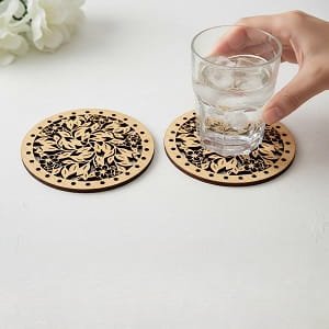 Laser Cut Round Drink Coaster with Floral Leaf Filigree Pattern