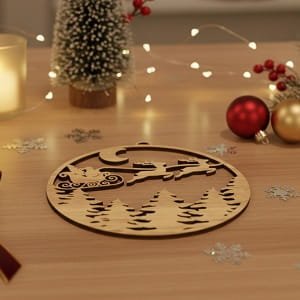 Laser Cut Santa Claus Sleigh and Reindeer Flying Over Forest Ornament