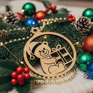 Laser Cut Teddy Bear Holding Present Christmas Ornament