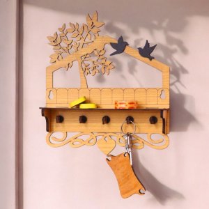 Laser Cut Wall Mounted Key Holder with Tree and Birds Vector