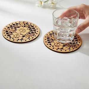 Laser Cut Wooden Beverage Coaster with Floral Lattice Pattern
