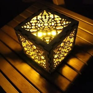 Laser Cut Wooden Box Desk Lamp with Geometric Fractal Cutouts