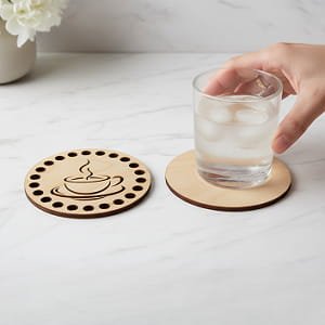 Laser Cut Wooden Coaster with Coffee Cup Design