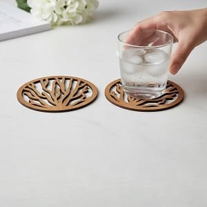 Laser Cut Wooden Drink Coaster with Coral Pattern