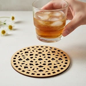 Laser Cut Wooden Drink Coaster with Decorative Mandala Pattern
