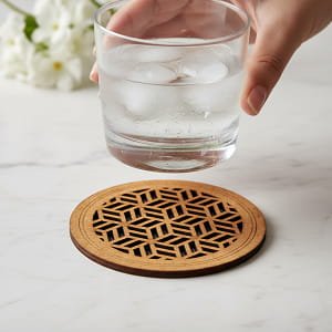 Laser Cut Wooden Drink Coaster with Geometric Lattice Pattern