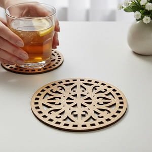 Laser Cut Wooden Drink Coaster with Geometric Mandala Pattern