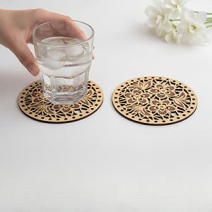 Laser Cut Wooden Drink Coaster with Intricate Floral Filigree Design