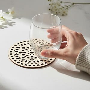 Laser Cut Wooden Drink Coaster with Intricate Geometric Pattern
