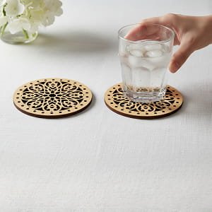 Laser Cut Wooden Drink Coaster with Mandala Rosette Pattern