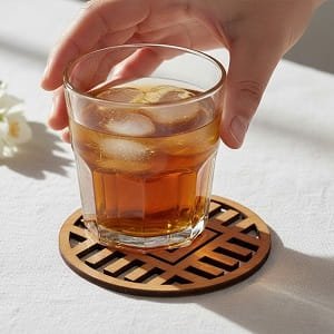 Laser Cut Wooden Drink Coaster with Modern Geometric Grid Pattern