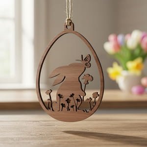 Laser Cut Wooden Easter Egg Ornament with Bunny and Butterfly