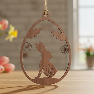 Laser Cut Wooden Easter Egg Ornament with Bunny and Floral Scene