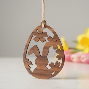 Laser Cut Wooden Easter Egg Ornament with Bunny and Flowers