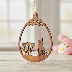 Laser Cut Wooden Easter Egg Ornament with Bunny and Tulip