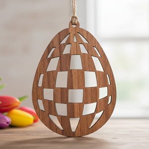 Laser Cut Wooden Easter Egg Ornament with Geometric Pattern