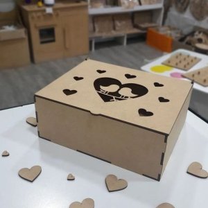 Laser Cut Wooden Favor Box with Heart Cutouts and Birds in Love